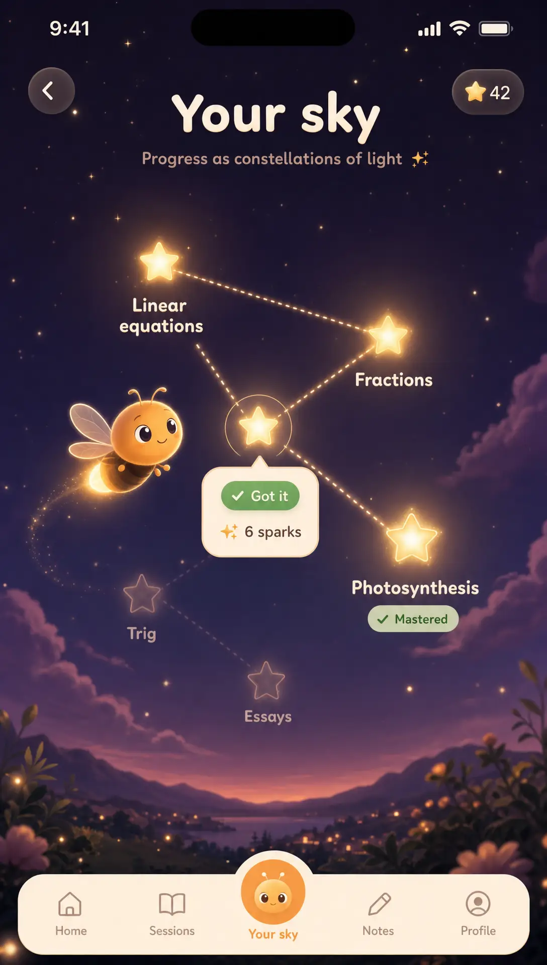Your sky — mastered topics as glowing stars